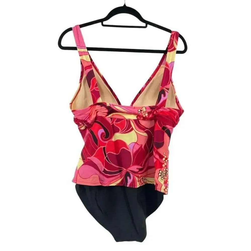 Fanta Sizer Suit Women’s Size 14 Floral Tankini Swimsuit Red Pink Twist Front